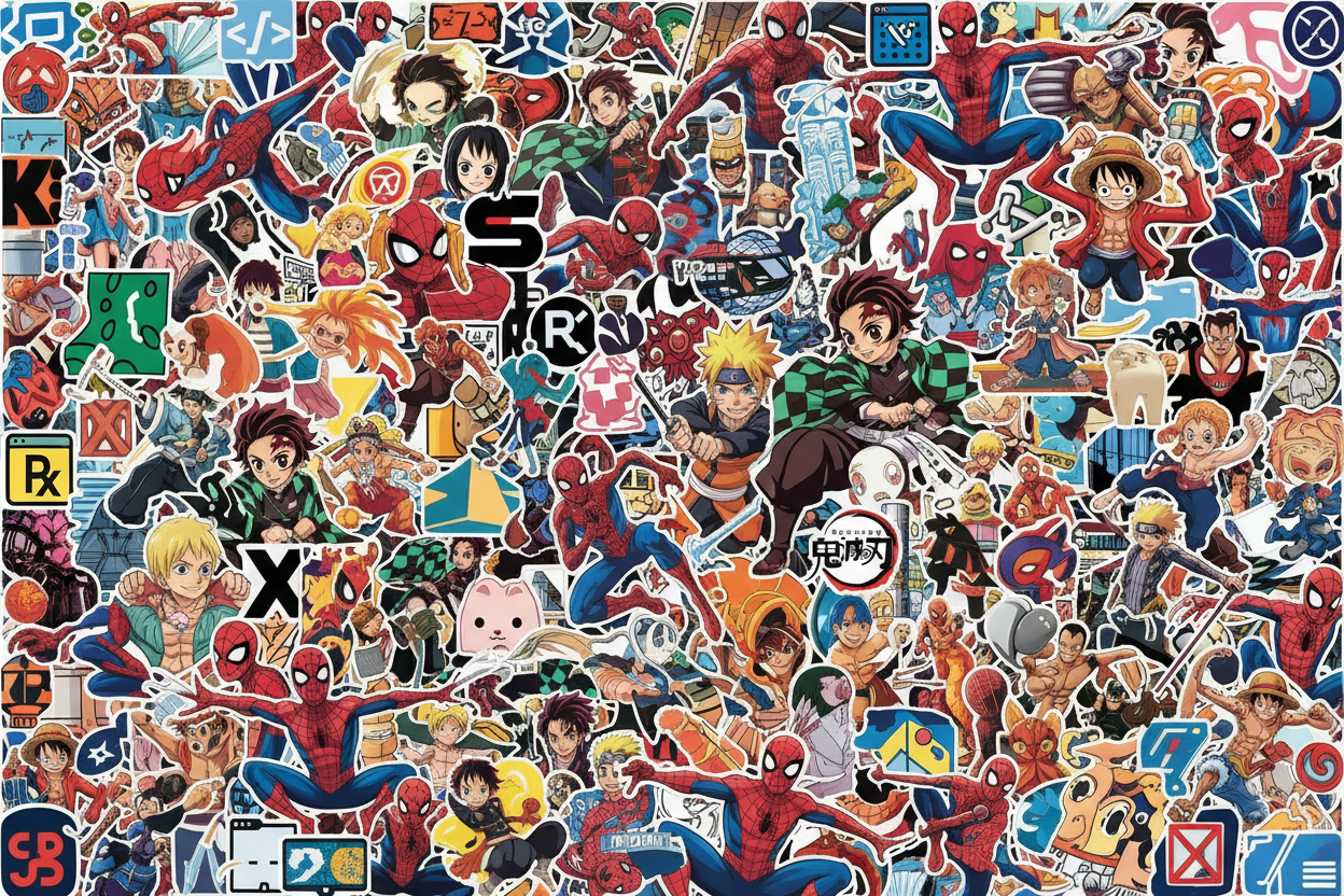 A BACKGROUND FILLED WITH PREMIUM PROGRAMMING STICKERS, SPIDERMAN STICKERS, TANJIRO , NARUTO, LUFY , ALL STICKERS EQUALLY MIXED WITH VIBRANT COLORS